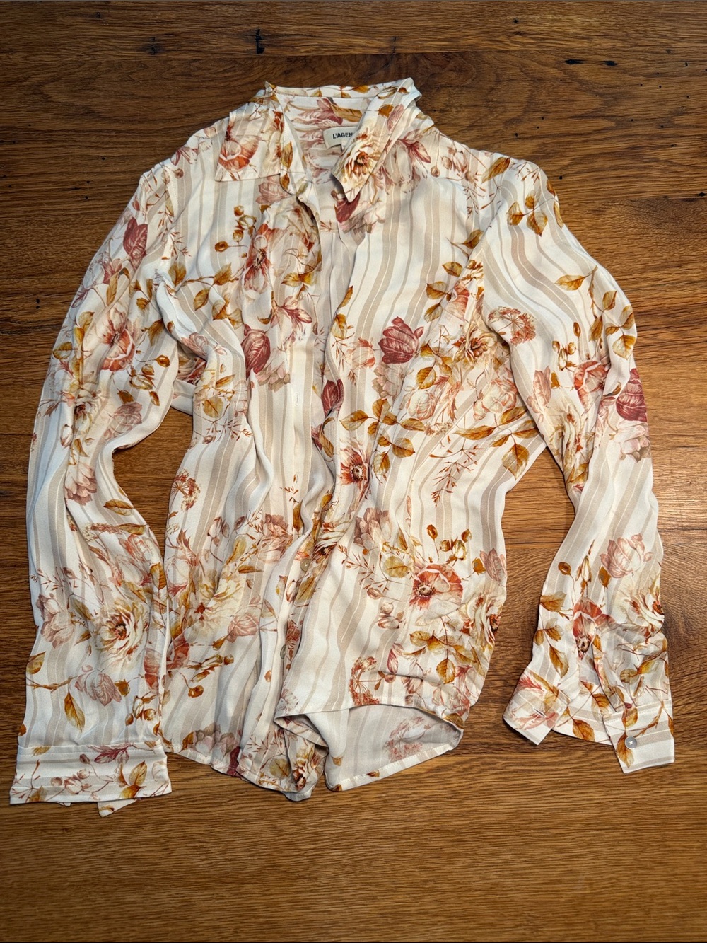 L'Agence 100% Silk Nina Floral Stripe Blouse in Sunset Kahanna Sz M